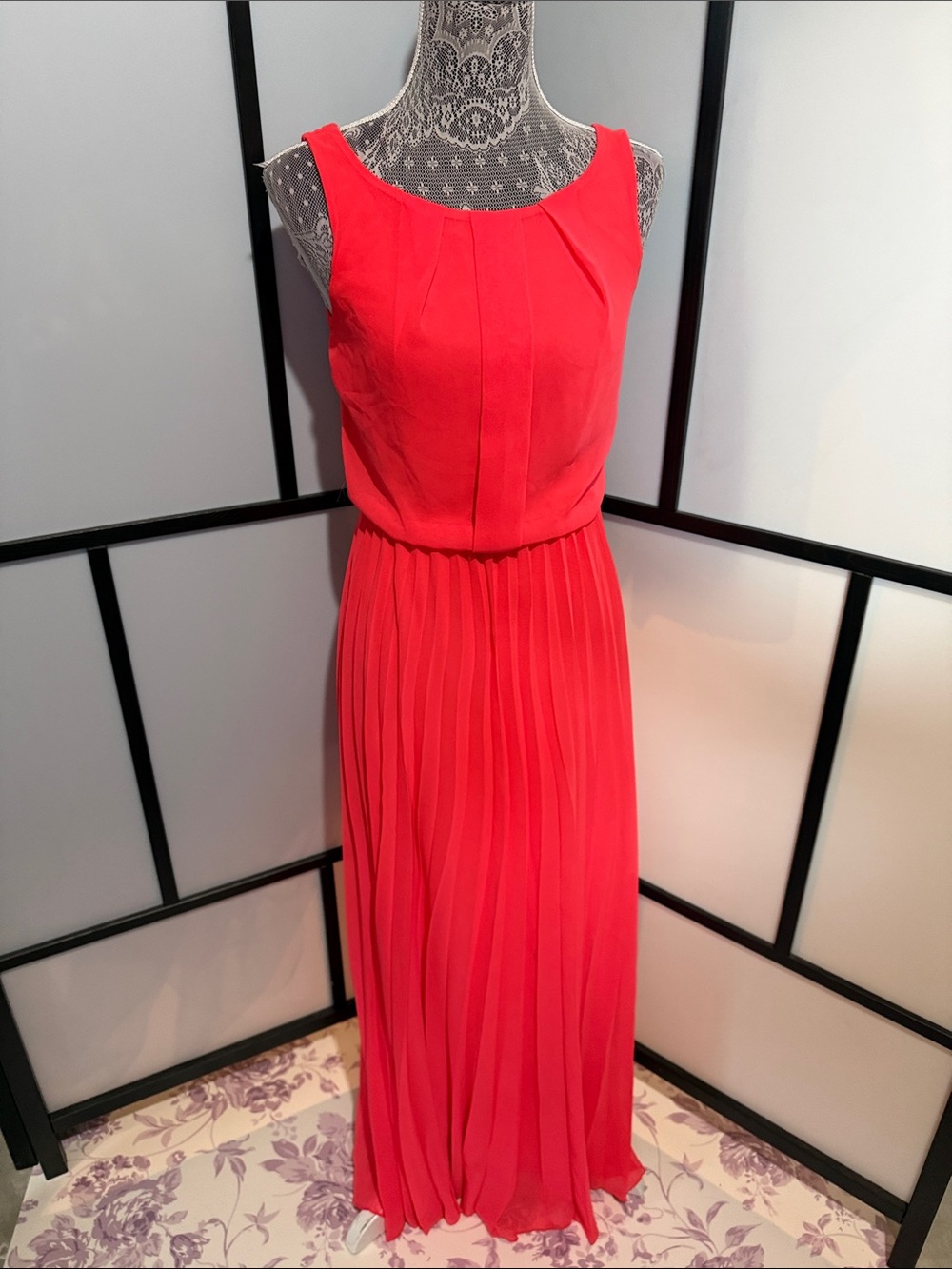 B Darlin Vibrant Red Sleeveless Pleated Maxi Dress